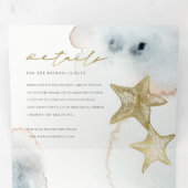 金ゴールドの夕暮れ青い海老ヒトデの水色結婚の 三つ折り招待状 (内部最初)