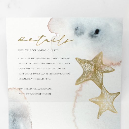金ゴールドの夕暮れ青い海老ヒトデの水色結婚の 三つ折り招待状 (内部最初)