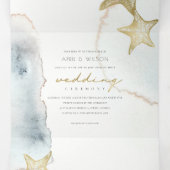 金ゴールドの夕暮れ青い海老ヒトデの水色結婚の 三つ折り招待状 (内部中)