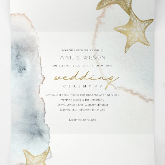 金ゴールドの夕暮れ青い海老ヒトデの水色結婚の 三つ折り招待状 (内部中)