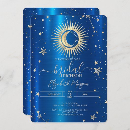 金ゴールドの太陽と月の星の青いメタリック昼食会 招待状 (正面/裏面)