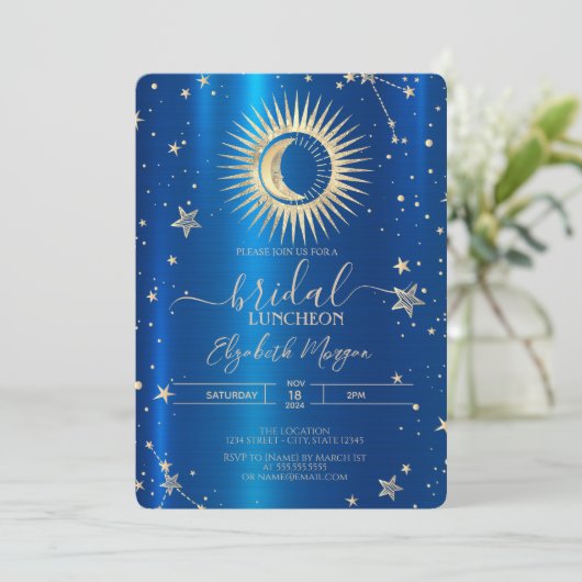 金ゴールドの太陽と月の星の青いメタリック昼食会 招待状 (スタンド正面)