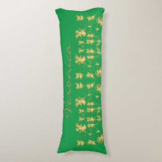 金ゴールドの妖精とピクシーの塵の緑のモノグラム | ボディピロー (正面縦)