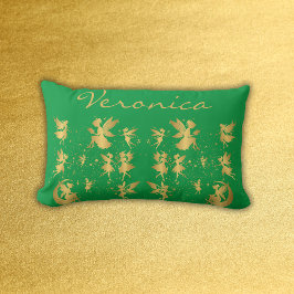 金ゴールドの妖精とピクシーの塵の緑のモノグラム | ランバークッション