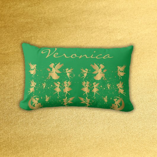金ゴールドの妖精とピクシーの塵の緑のモノグラム | ランバークッション