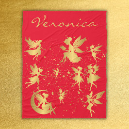 金ゴールドの妖精とピクシーの塵の赤モノグラム | フリースブランケット