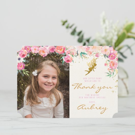 金ゴールドの妖精のピンクの花のサンキューカード サンキューカード (スタンド正面)