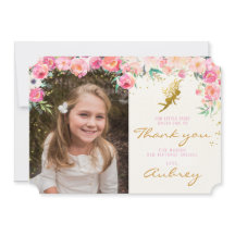 金ゴールドの妖精のピンクの花のサンキューカード