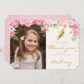 金ゴールドの妖精のピンクの花のサンキューカード サンキューカード (正面/裏面)