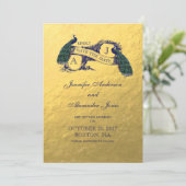 金ゴールドの孔雀の保存日付カード 招待状 (スタンド正面)