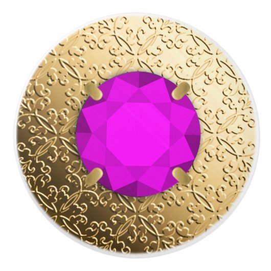 金ゴールドの宝石フェイク付きアメジスト セラミックノブ (正面)