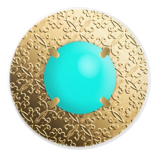 金ゴールドの宝石フェイク付きターコイズ セラミックノブ (正面)