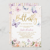 金ゴールドの小さな蝶が彼女の道の赤ちゃんシャワー 招待状 (正面/裏面)