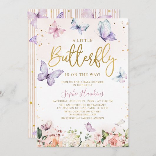 金ゴールドの小さな蝶が彼女の道の赤ちゃんシャワー 招待状 (正面/裏面)