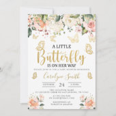 金ゴールドの小さな蝶が彼女の道の赤ちゃんシャワー 招待状 (正面)