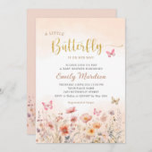 金ゴールドの小さな蝶が彼女の道の赤ちゃんシャワー 招待状 (正面/裏面)