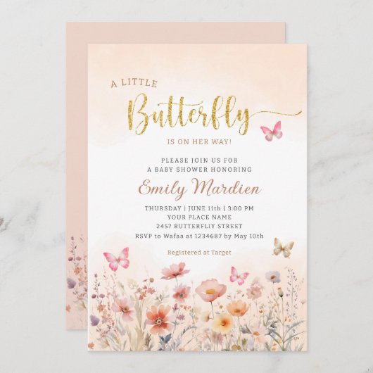 金ゴールドの小さな蝶が彼女の道の赤ちゃんシャワー 招待状 (正面/裏面)