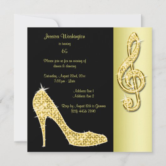 金ゴールドの小剣及び三重の裂け目の第65誕生日 招待状 (裏面)