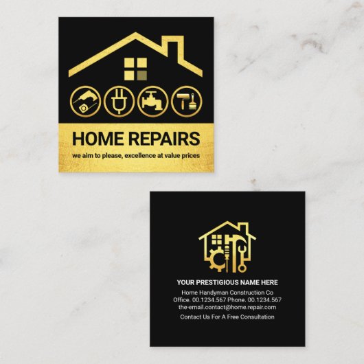 金ゴールドの屋根のフレームの手書きツール スクエア名刺 (正面/裏面)