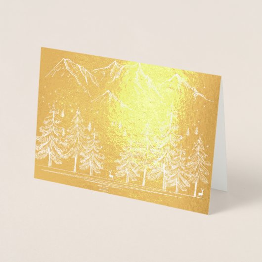 金ゴールドの山と木の会社のホリデーグリーティング 箔カード (正面)