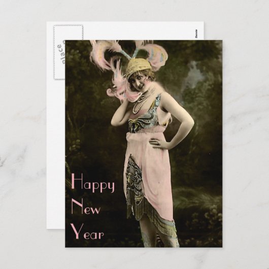 金ゴールドの帽子および大きいピンクの羽の新年 シーズンポストカード (正面/裏面)