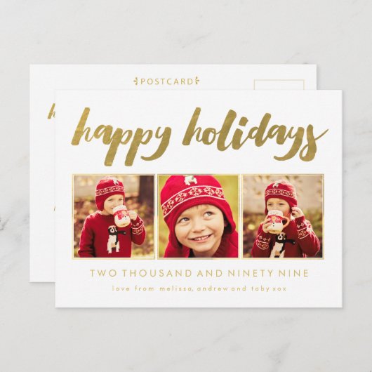 金ゴールドの幸せな休日のクリスマス3の写真フレームの郵便はがき シーズンポストカード (正面/裏面)
