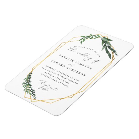 金ゴールドの幾何学的な水彩画葉が多いフレームの結婚式 マグネット (左側)