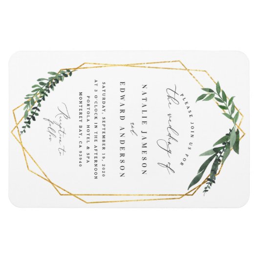 金ゴールドの幾何学的な水彩画葉が多いフレームの結婚式 マグネット (横)