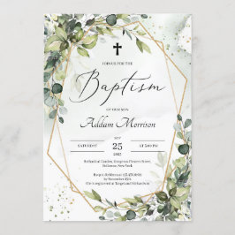 金ゴールドの幾何学的な緑の葉葉のバプテスマ 招待状