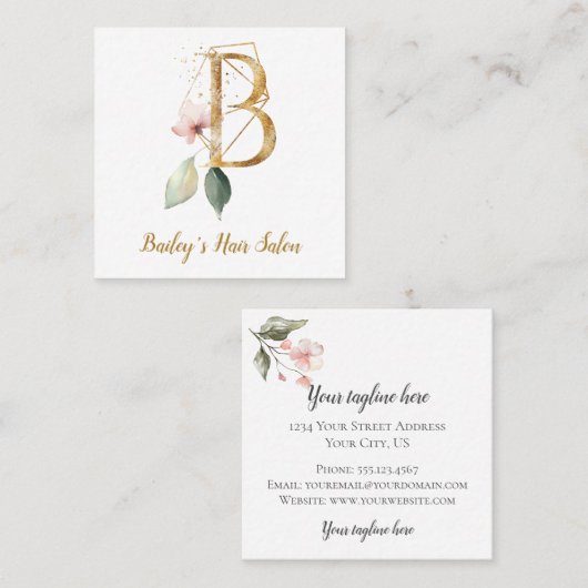 金ゴールドの幾何学的設計および花が付いている手紙B スクエア名刺 (正面/裏面)