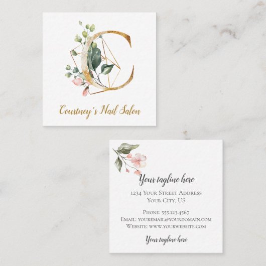 金ゴールドの幾何学的設計および花が付いている手紙C スクエア名刺 (正面/裏面)