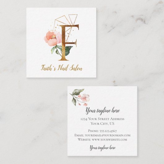 金ゴールドの幾何学的設計および花が付いている手紙F スクエア名刺 (正面/裏面)