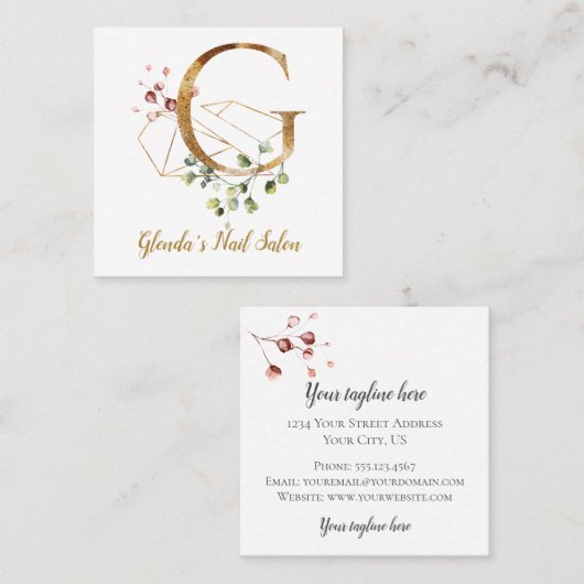 金ゴールドの幾何学的設計および花が付いている手紙G スクエア名刺 (正面/裏面)