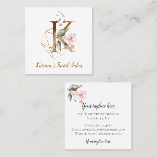 金ゴールドの幾何学的設計および花が付いている手紙K スクエア名刺 (正面/裏面)