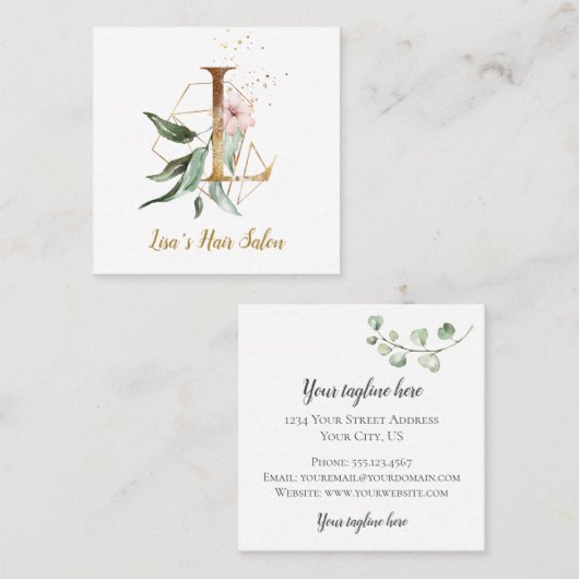 金ゴールドの幾何学的設計および花が付いている手紙L スクエア名刺 (正面/裏面)