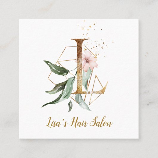 金ゴールドの幾何学的設計および花が付いている手紙L スクエア名刺 (正面)