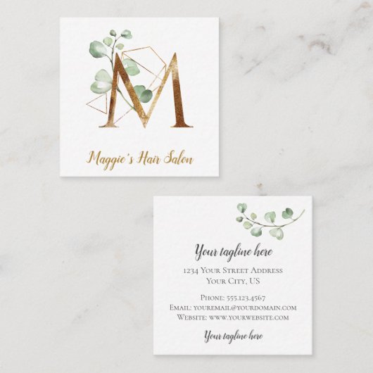 金ゴールドの幾何学的設計および花が付いている手紙M スクエア名刺 (正面/裏面)