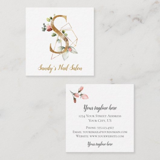 金ゴールドの幾何学的設計および花が付いている手紙S スクエア名刺 (正面/裏面)