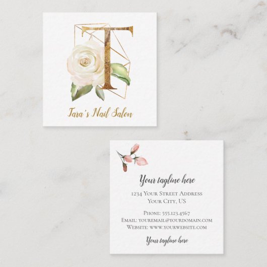 金ゴールドの幾何学的設計および花が付いている手紙T スクエア名刺 (正面/裏面)