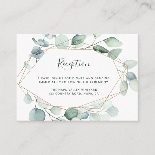 金ゴールドの幾何学緑の葉のウェディングレセプション エンクロージャーカード (正面)