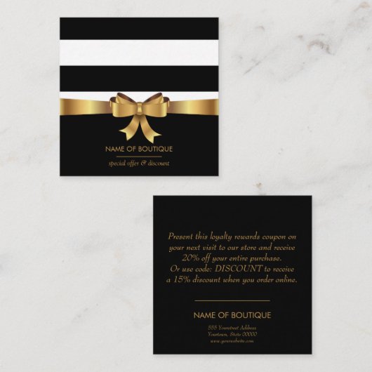金ゴールドの弓正方形|のブティックの割引クーポン スクエア名刺 (正面/裏面)