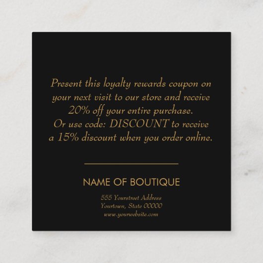 金ゴールドの弓正方形|のブティックの割引クーポン スクエア名刺 (裏面)