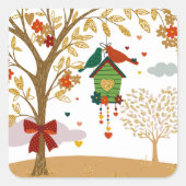 金ゴールドの愛の鳥のカップルの木キスをする スクエアシール (正面)