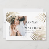 金ゴールドの手のひら葉は写真の日付を保存結婚する セーブザデート (正面)