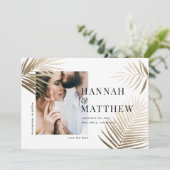 金ゴールドの手のひら葉は写真の日付を保存結婚する セーブザデート (スタンド正面)