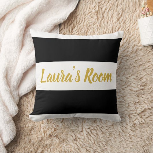 金ゴールドの文字の名前をカスタムする|のストライプのな白黒 クッション (ブランケット)
