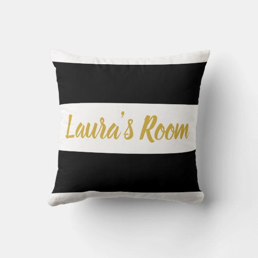 金ゴールドの文字の名前をカスタムする|のストライプのな白黒 クッション (裏面)
