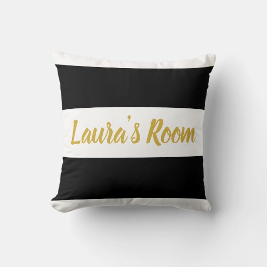 金ゴールドの文字の名前をカスタムする|のストライプのな白黒 クッション (正面)