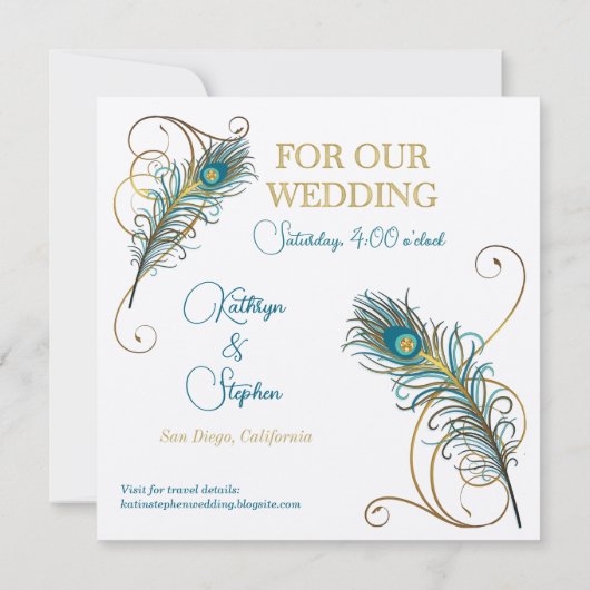 金ゴールドの日付の孔雀のティール(緑がかった色)の結婚式を救って下さい セーブザデート (裏面)