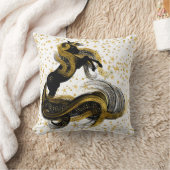 金ゴールドの星との黒および金ゴールドのユニコーン クッション (ブランケット)